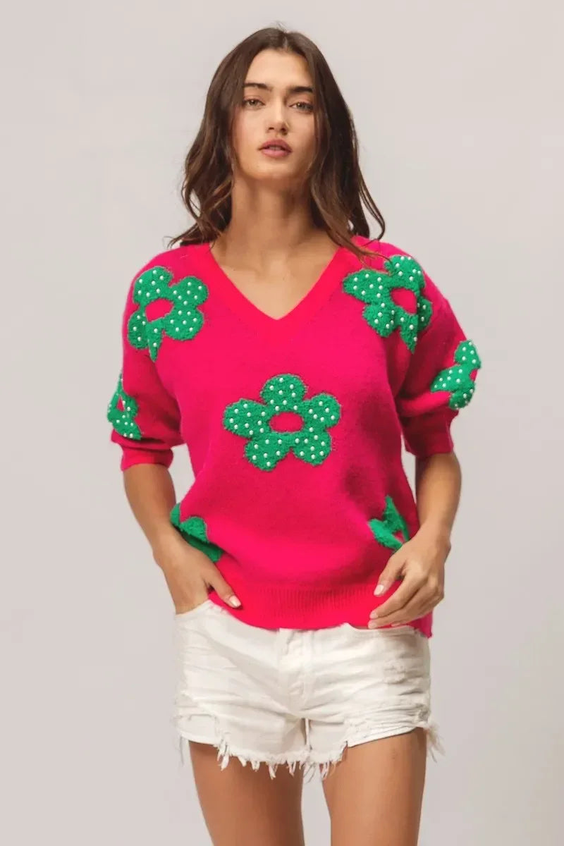 BiBi Pearl Beads Flowers Sweater Top - DAVERRI FASHIONS