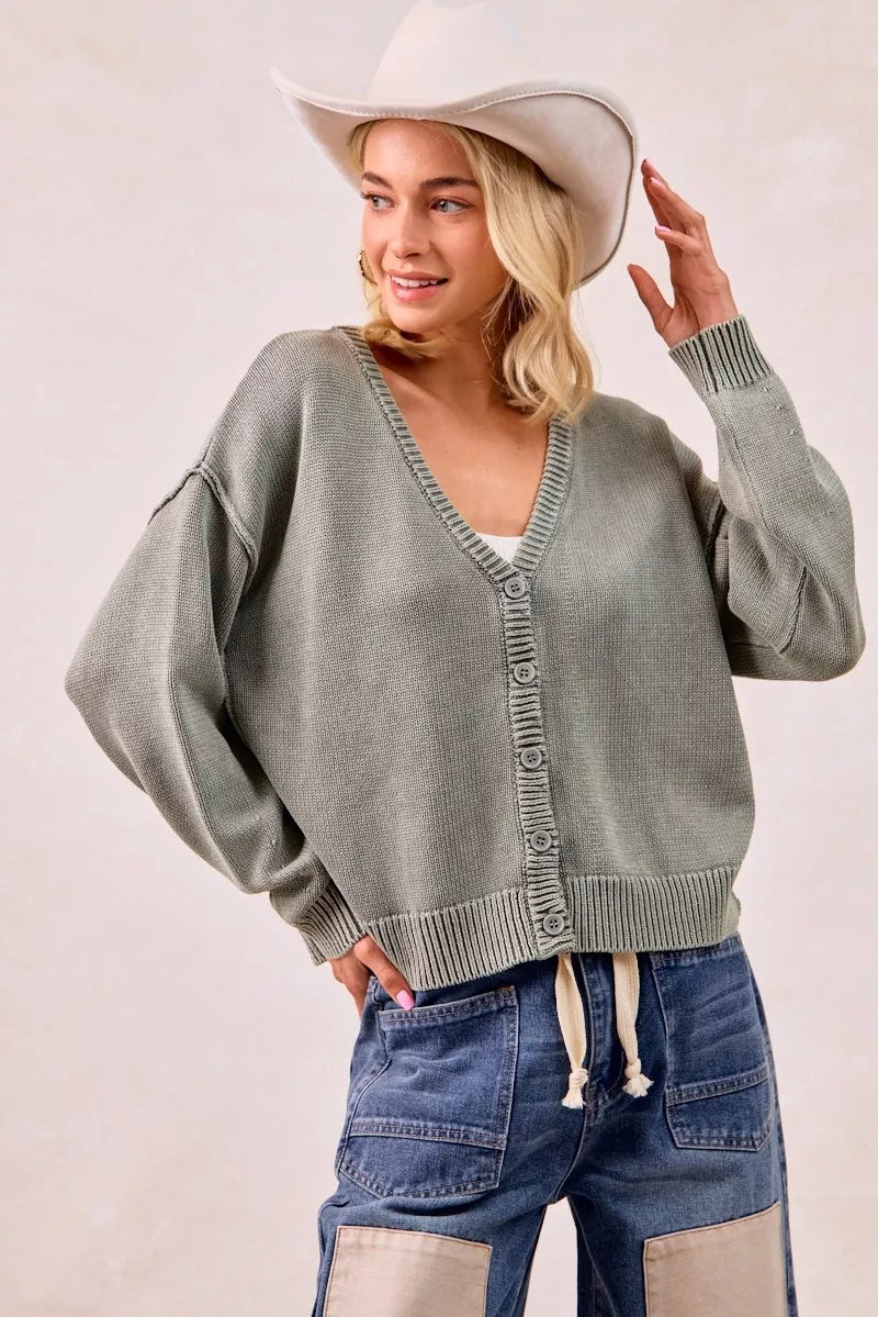 BiBi Washed Sweater V Neck Cardigan | Daverri Fashions