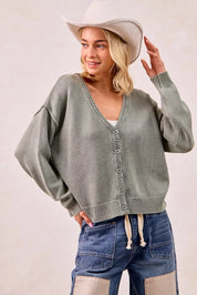 BiBi Washed Sweater V Neck Cardigan | Daverri Fashions