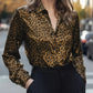 Sleek leopard-print button-up long sleeve shirt with satin sheen