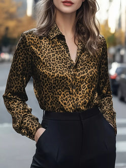 Sleek leopard-print button-up long sleeve shirt with satin sheen