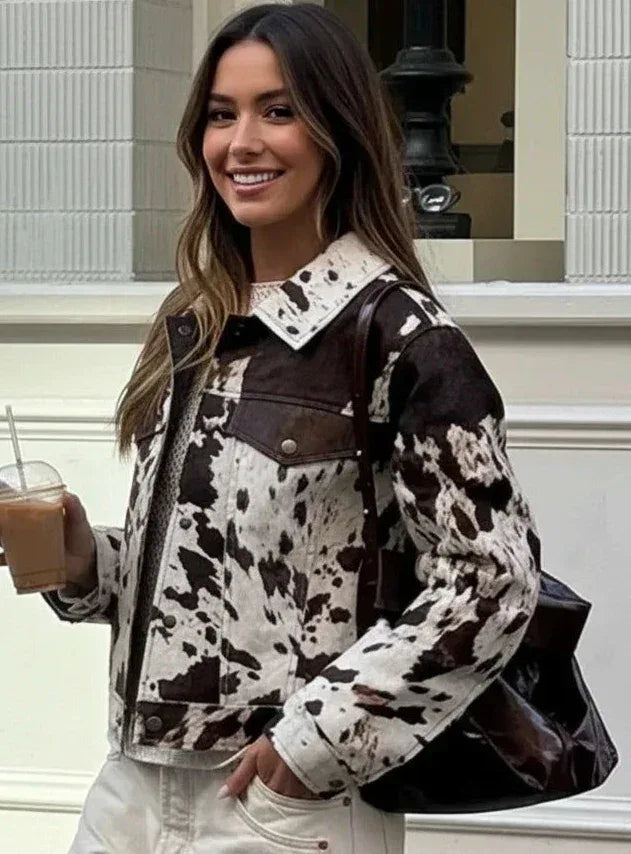 Cow Print Collared Neck Jacket - DAVERRI FASHIONS