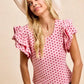 BiBi pink heart-patterned knit top with ruffled short sleeves