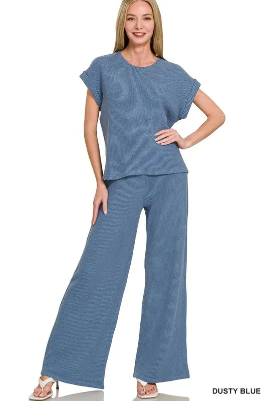 Zenana Rolled Sleeve Top and Pants Sweater Set DUSTY BLUE M