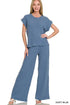 Zenana Rolled Sleeve Top and Pants Sweater Set DUSTY BLUE M