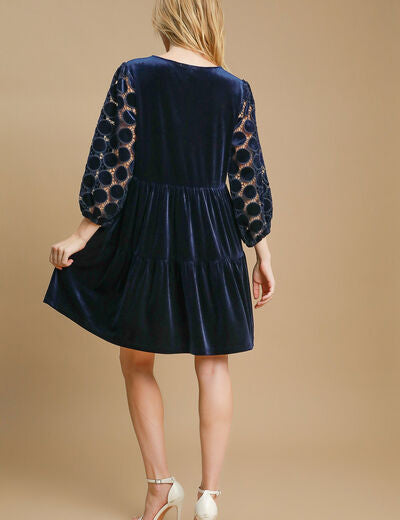 Umgee Dotted Lace Sleeve Tiered Velvet Mini Dress