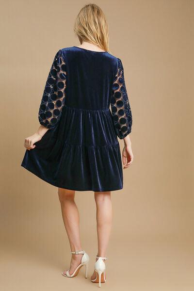 Umgee Dotted Lace Sleeve Tiered Velvet Mini Dress Mini Dresses