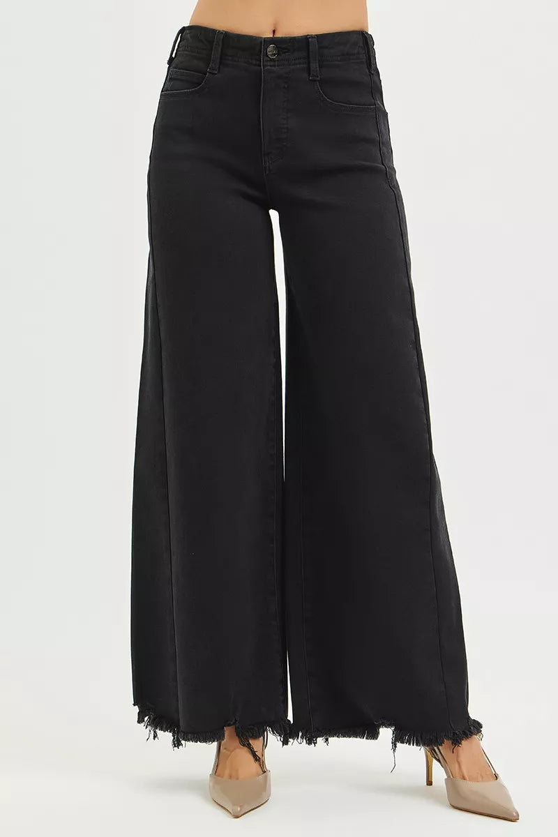 Black RISEN tummy control high-rise palazzo leg frayed hem jeans