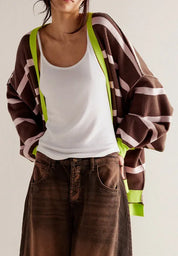 Coffee Brown Contrast Stripes Button Down Long Sleeve Cardigan | Cardigans Daverri Fashions