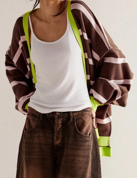 Coffee Brown Contrast Stripes Button Down Long Sleeve Cardigan | Cardigans Daverri Fashions