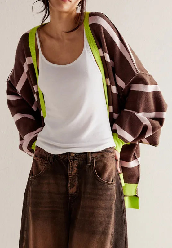 Coffee Brown Contrast Stripes Button Down Long Sleeve Cardigan | Cardigans Daverri Fashions