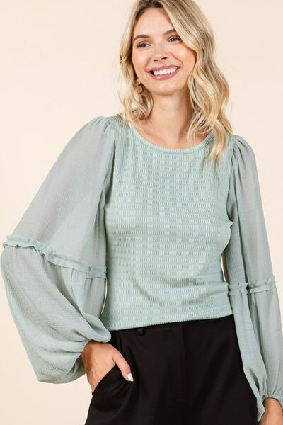 Mittoshop Mixed Media Textured Knit Chiffon Long Sleeve Top