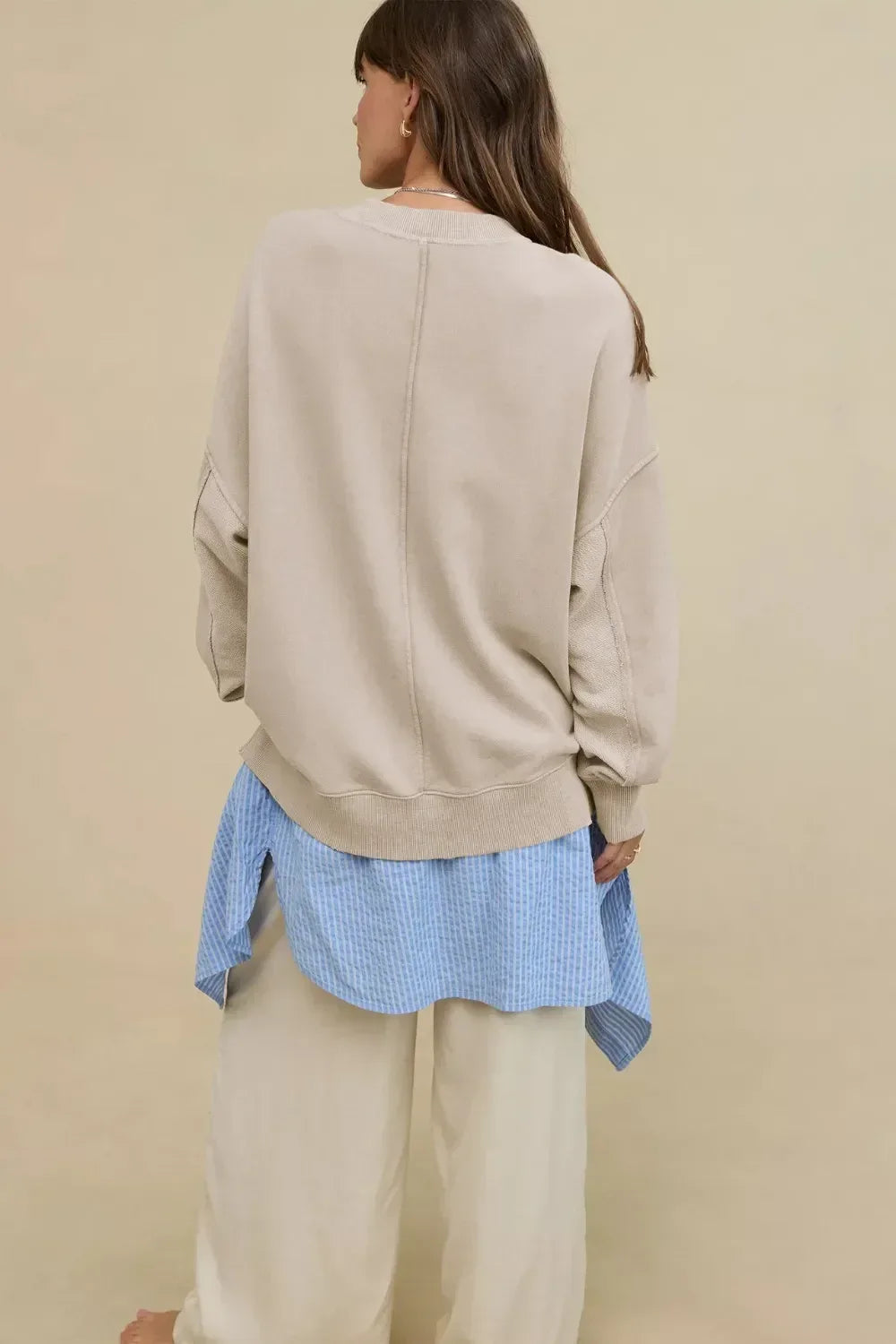 Side Slit Round Neck Long Sleeve Sweatshirt - DAVERRI FASHIONS