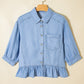 Daverri light blue chambray half sleeve ruffled high low button down shirt