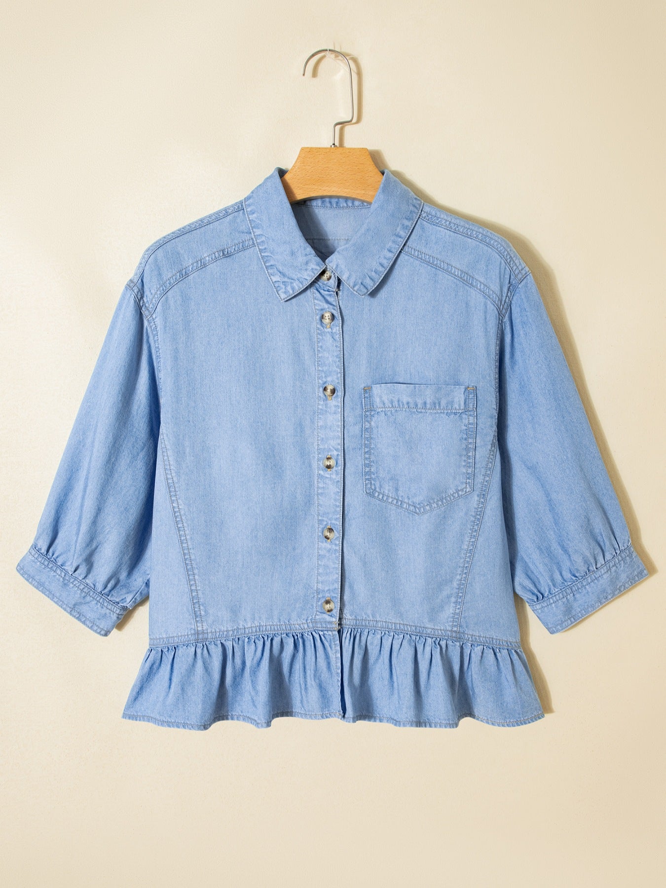 Daverri light blue chambray half sleeve ruffled high low button down shirt