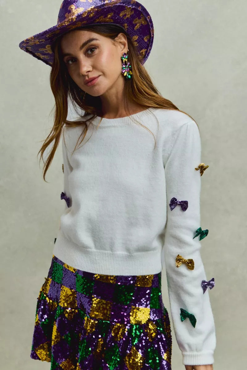 SO ME Mardi Gras glitter bow ribbon sweater with colorful sequined bows