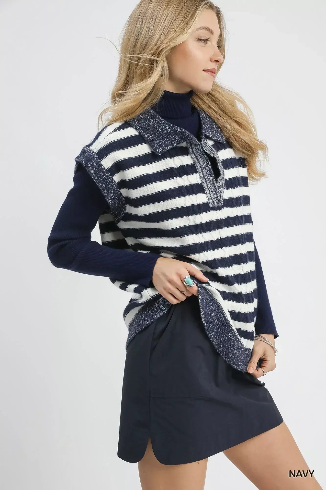 Umgee Cable Knit Collared Striped Vest Sweater - DAVERRI FASHIONS