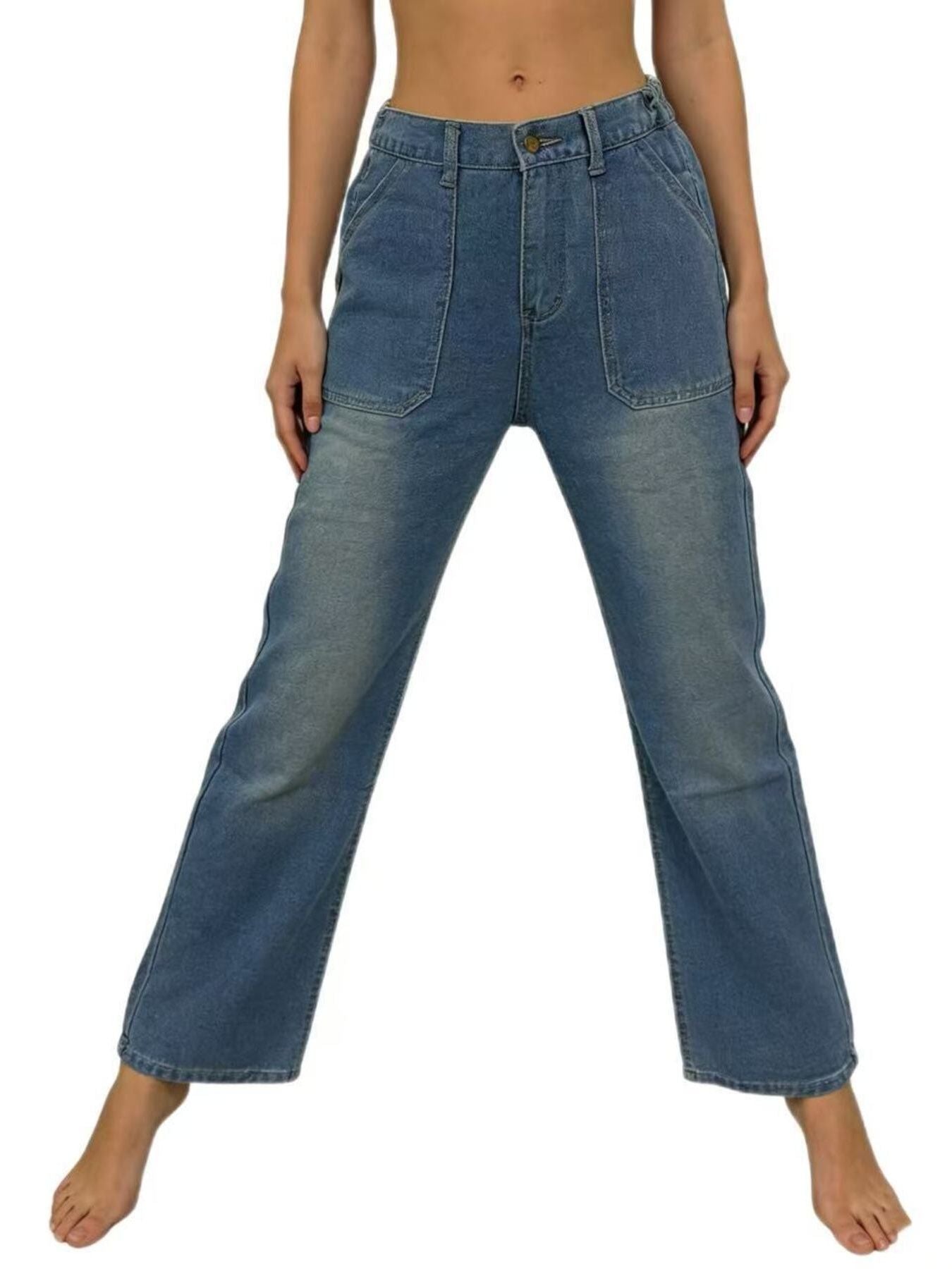 Wide leg contrast stitching jeans in faded blue wash straight-leg cut