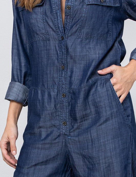 Denim Collared Button Front Tencel Jumpsuit | Jumpsuits Daverri Fashions