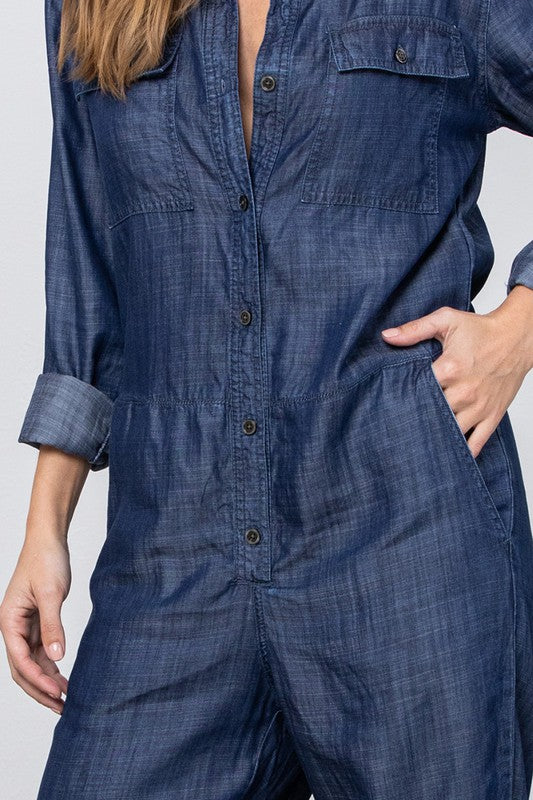Denim Lab USA Collared Button Front Tencel Jumpsuit Jumpsuits