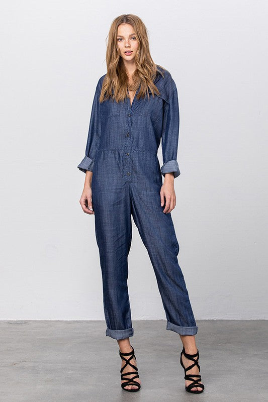 Denim Lab USA Collared Button Front Tencel Jumpsuit Jumpsuits