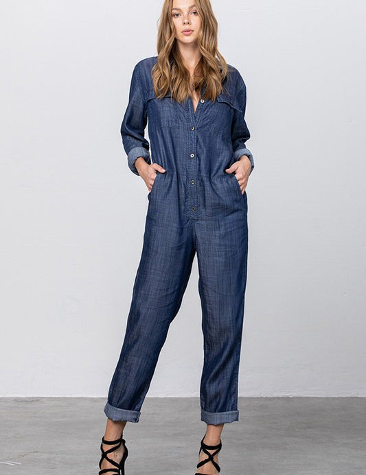 DARK Denim Collared Button Front Tencel Jumpsuit | Jumpsuits Daverri Fashions