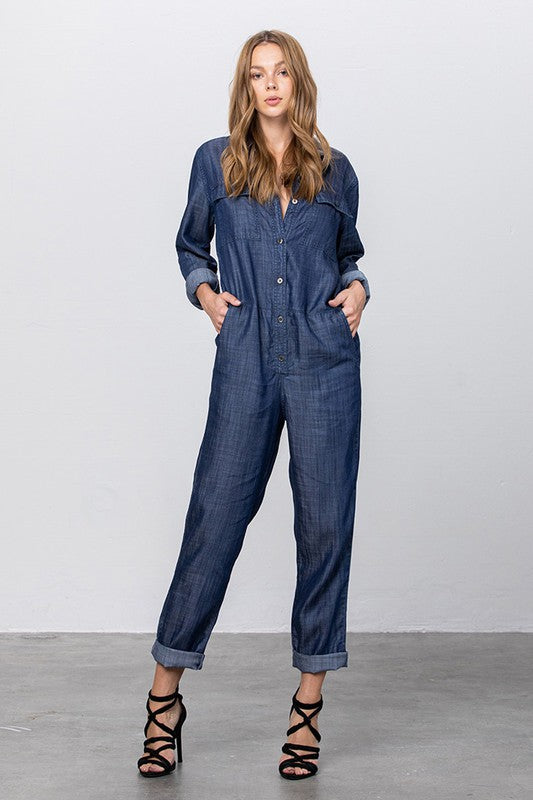 Denim Lab USA Collared Button Front Tencel Jumpsuit DARK Jumpsuits
