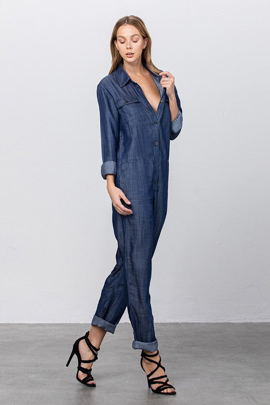 Denim Lab USA Collared Button Front Tencel Jumpsuit Jumpsuits