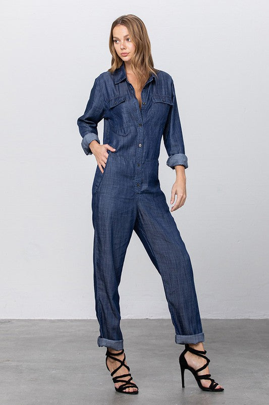 Denim Lab USA Collared Button Front Tencel Jumpsuit Jumpsuits