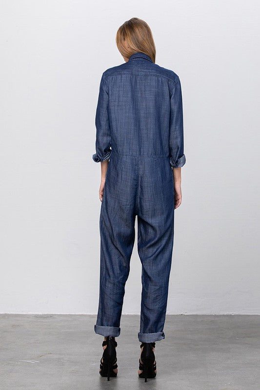 Denim Lab USA Collared Button Front Tencel Jumpsuit Jumpsuits