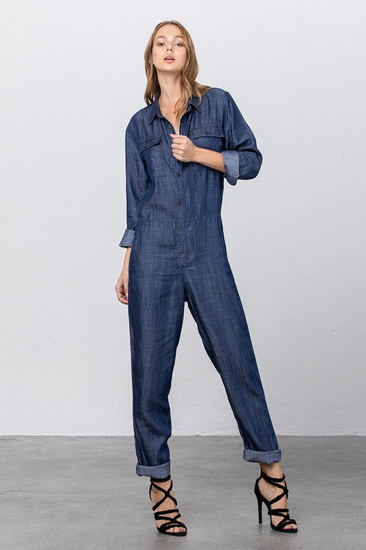Denim Lab USA Collared Button Front Tencel Jumpsuit Jumpsuits