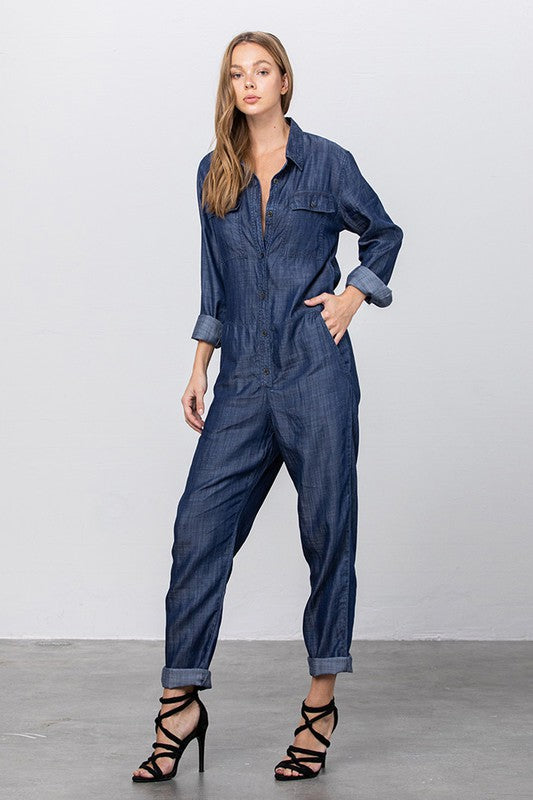 Denim Lab USA Collared Button Front Tencel Jumpsuit Jumpsuits