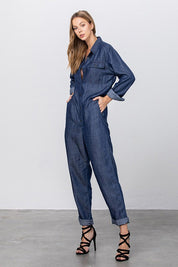 Denim Collared Button Front Tencel Jumpsuit | Jumpsuits Daverri Fashions