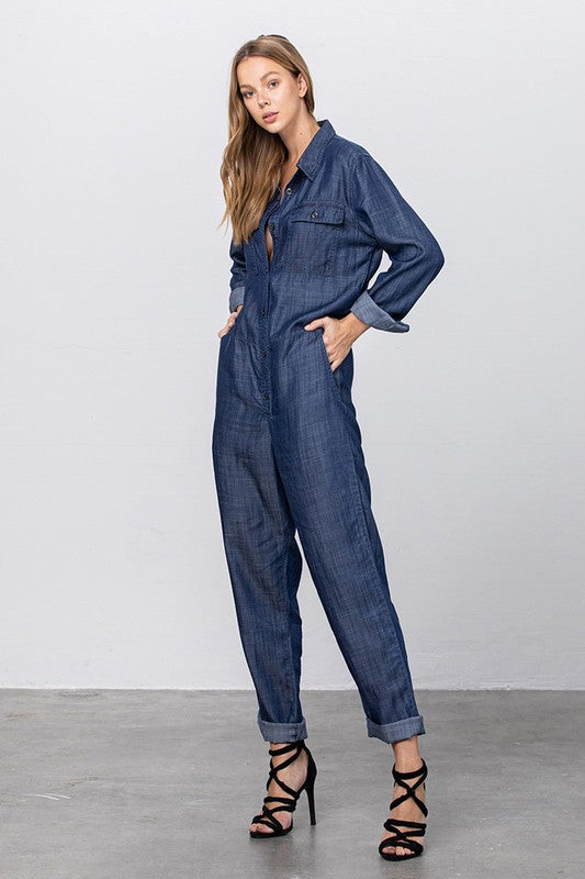 Denim Lab USA Collared Button Front Tencel Jumpsuit Jumpsuits