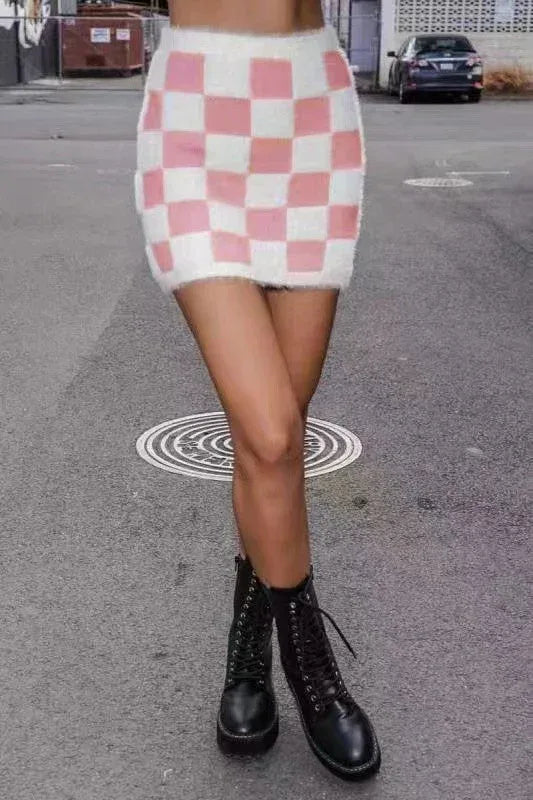 Fuzzy Checkered Skirt - DAVERRI FASHIONS