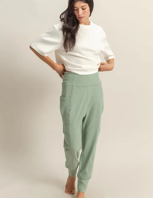 SAGE GREEN HYFVE High-Waist Pocket Detail Comfy Sweatpants | Daverri Fashions