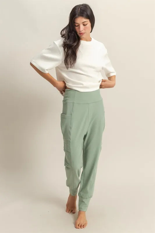 SAGE GREEN HYFVE High-Waist Pocket Detail Comfy Sweatpants | Daverri Fashions
