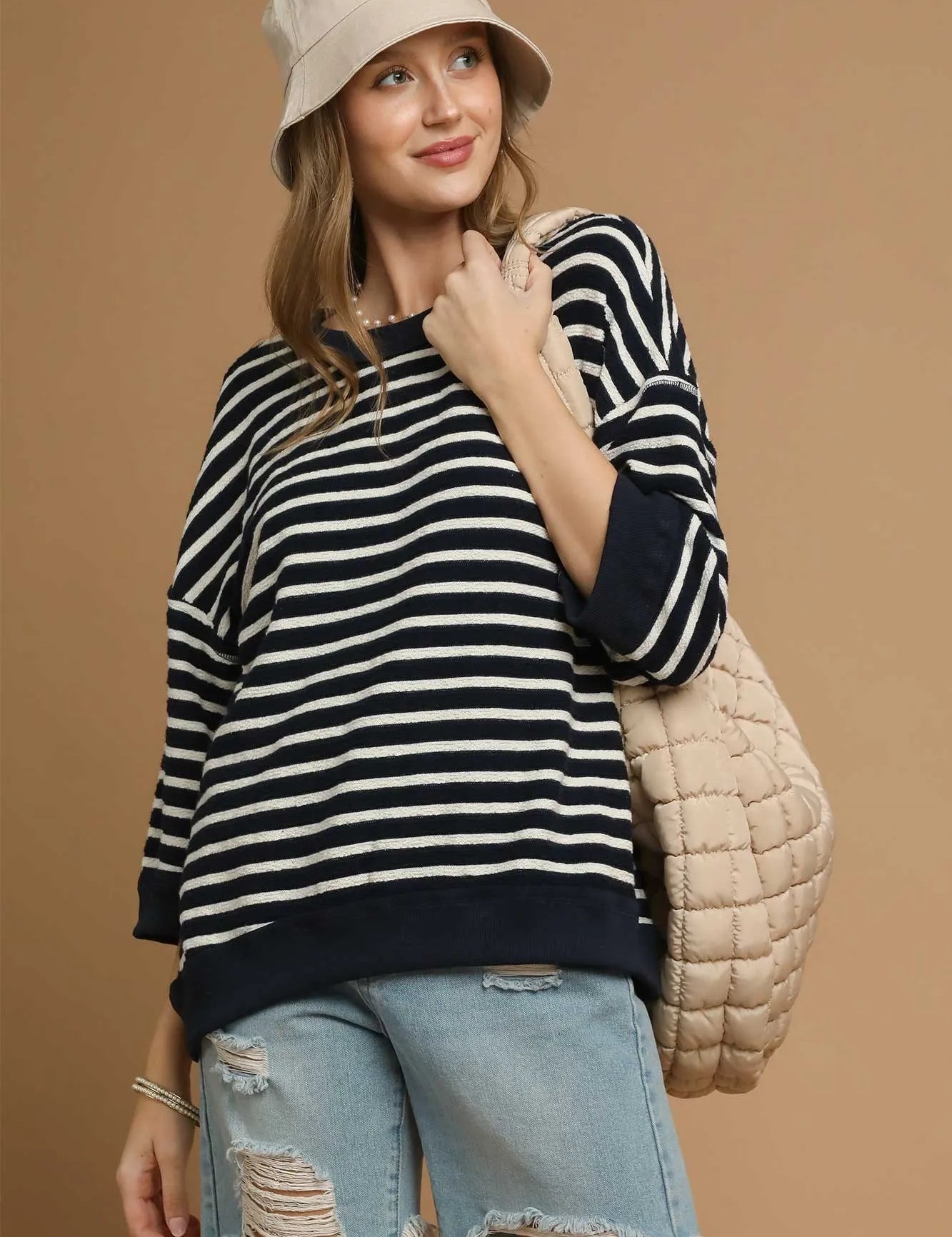Umgee Ribbed Hem Striped Oversized Knit Top | Tops Daverri Fashions