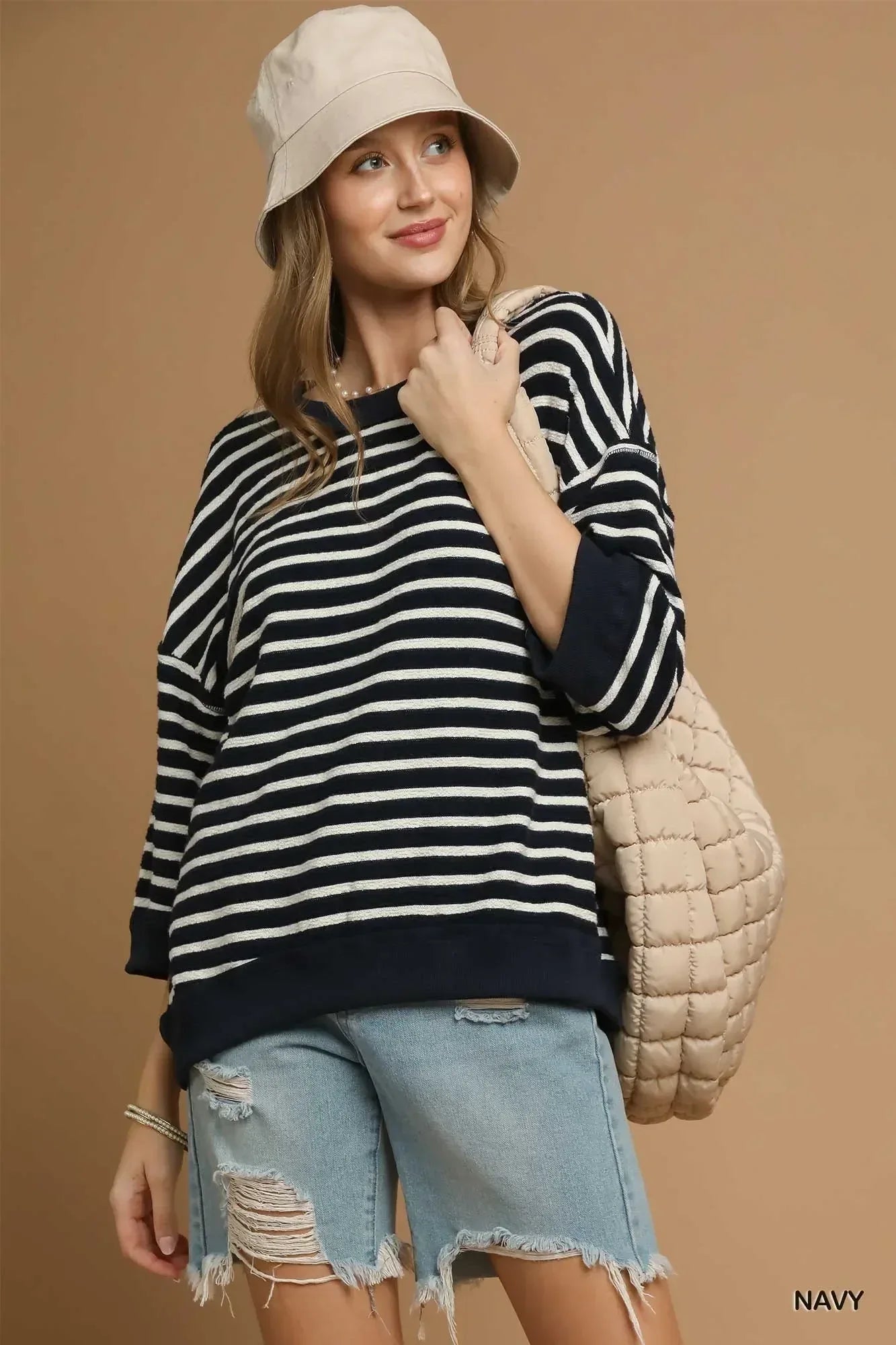 Umgee Ribbed Hem Striped Oversized Knit Top - DAVERRI FASHIONS