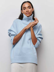 Light Blue Loose Fit Long Sleeve Turtleneck Sweater | Sweaters Daverri Fashions