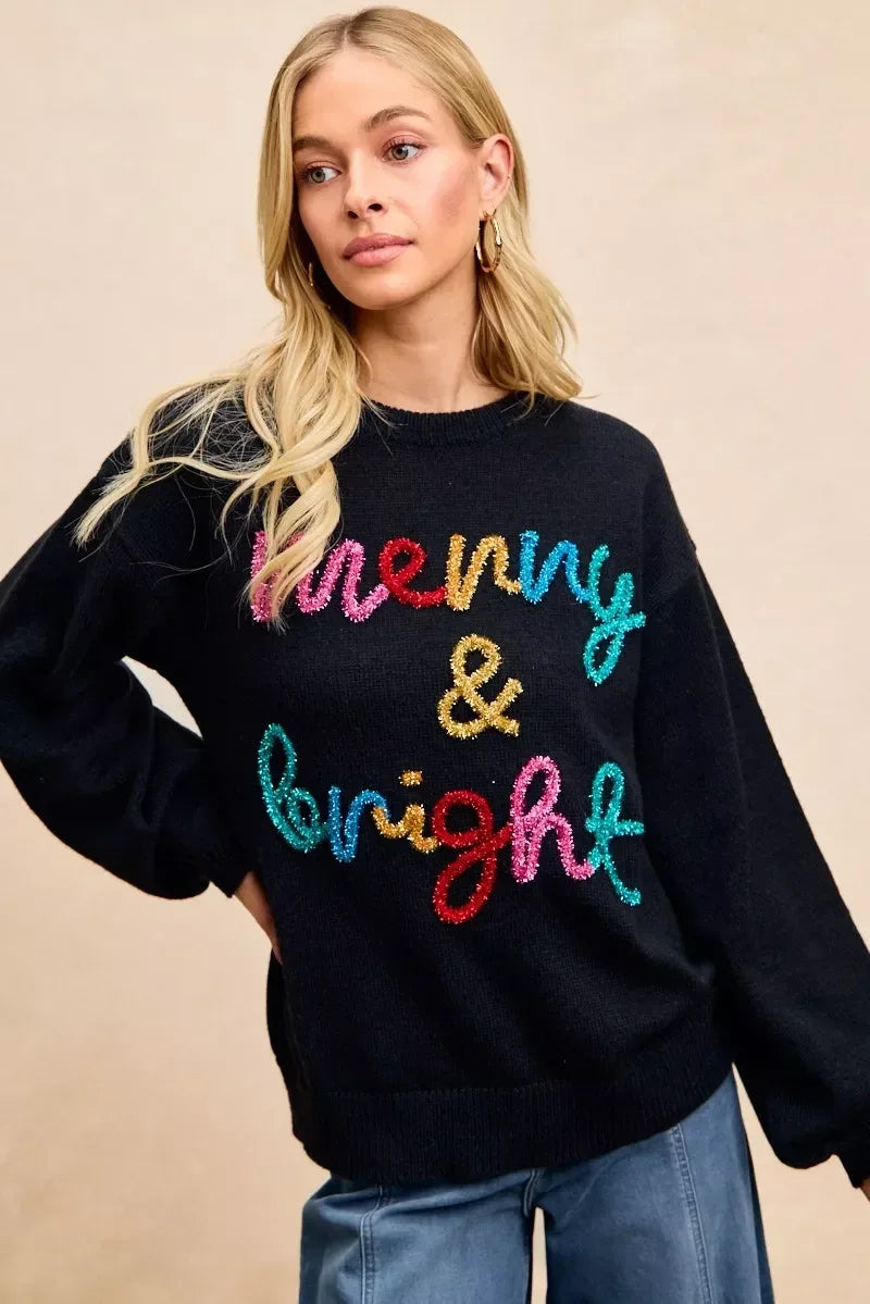BiBi Tinsel Lettering Christmas Sweater - DAVERRI FASHIONS