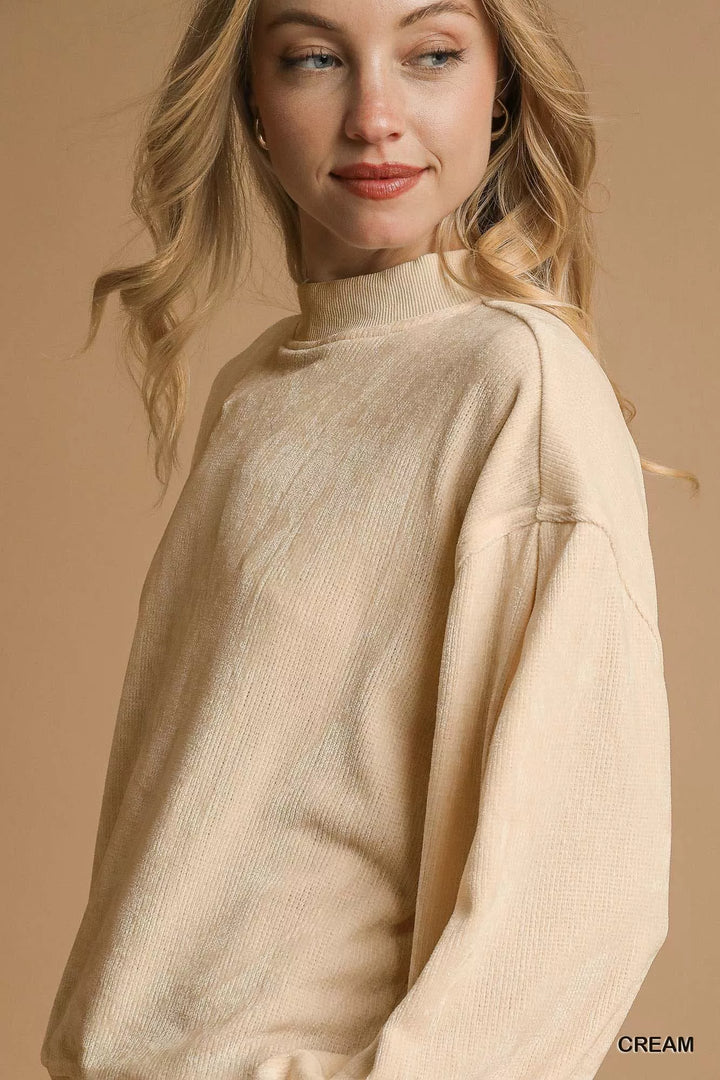 Umgee Velour Crewneck Balloon Sleeve Sweatshirt | Daverri Fashions