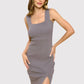 Charcoal Rib Knit Square Neck Dress with Slit Charcoal Knee Length Dresses