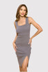 Charcoal Rib Knit Square Neck Dress with Slit Charcoal Knee Length Dresses