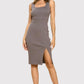 Charcoal Rib Knit Square Neck Dress with Slit Knee Length Dresses