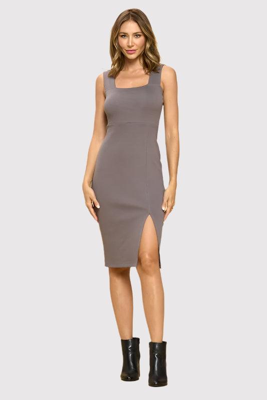 Charcoal Rib Knit Square Neck Dress with Slit Knee Length Dresses