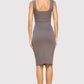 Charcoal Rib Knit Square Neck Dress with Slit Knee Length Dresses