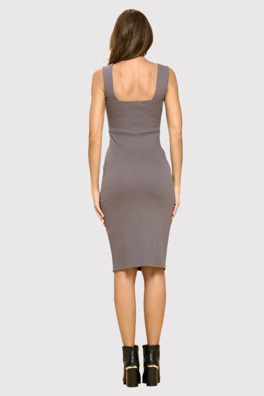 Charcoal Rib Knit Square Neck Dress with Slit Knee Length Dresses