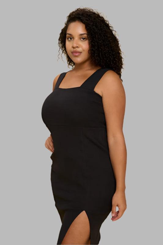 Black Rib Knit Square Neck Dress with Slit Plus Size BK Knee Length Dresses