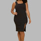 Black Rib Knit Square Neck Dress with Slit Plus Size Knee Length Dresses